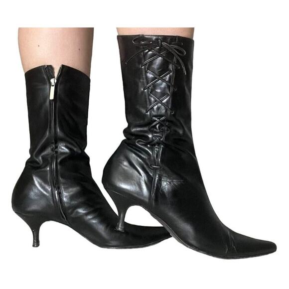 Banana Republic Boots Womens 6.5 Black Pointed Kitten Short Witchy Corset Italy - Picture 1 of 9